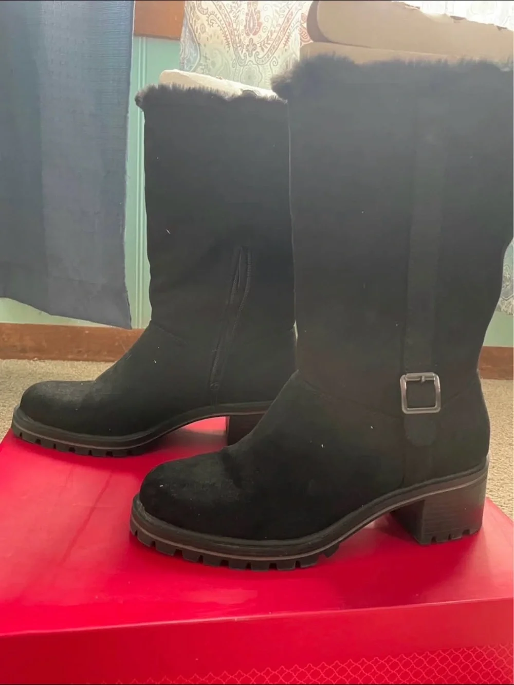 Black Suede Fur-Lined Mid-Calf Boots - Women